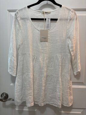Pure Linen White Linen Tiered Peasant Blouse Small New Tags